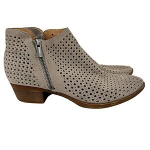 Lucky Brand Ankle Booties Perforated Leather Boots Suede Side Zip Beige Gray 7.5